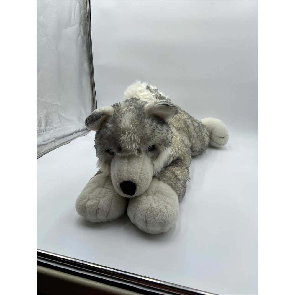 Aurora Husky Dog Plush Gray White Large 28 Inch Realistic Blue Eyes Lying Down